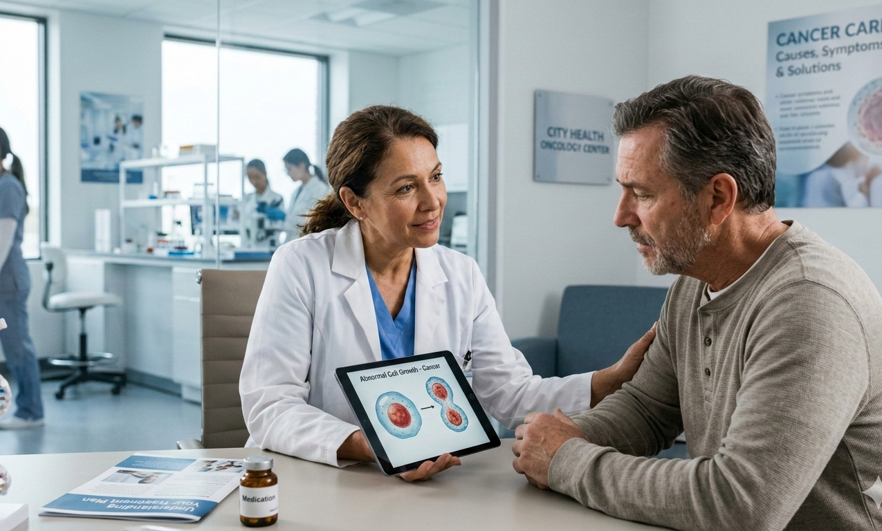 doctor shows a digital tablet with cell diagrams to a patient in an oncology clinic.