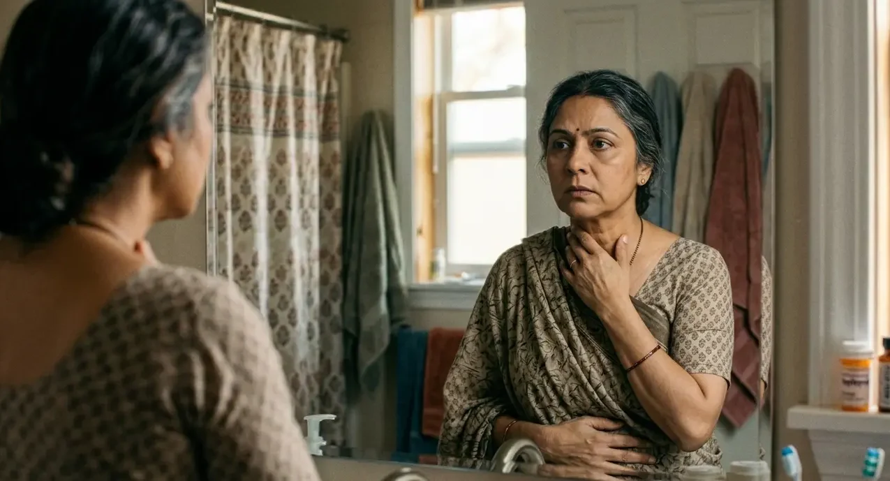 A concerned woman checks her neck and abdomen in a mirror for early signs and symptoms of cancer.