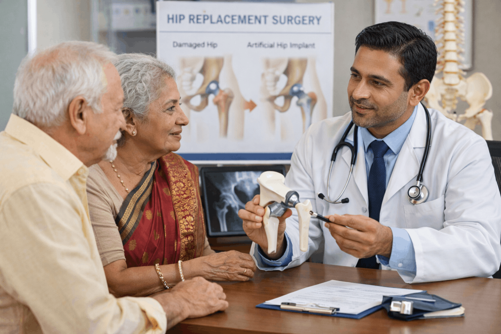 Orthopedic surgeon performing hip replacement surgery in modern hospital operation theatre