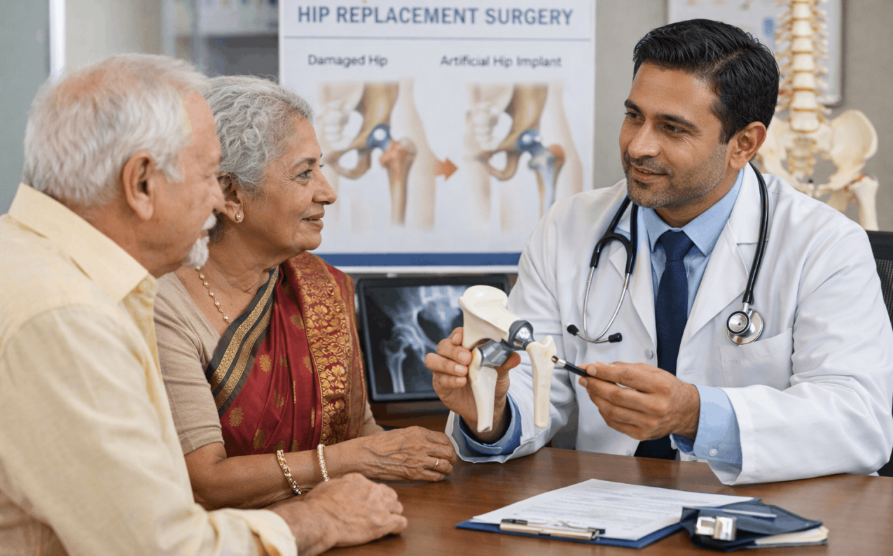 Orthopedic surgeon performing hip replacement surgery in modern hospital operation theatre