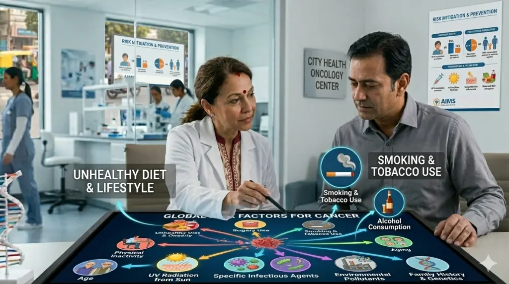 doctor points to a display showing cancer risk factors like smoking, diet, and genetics to a patient