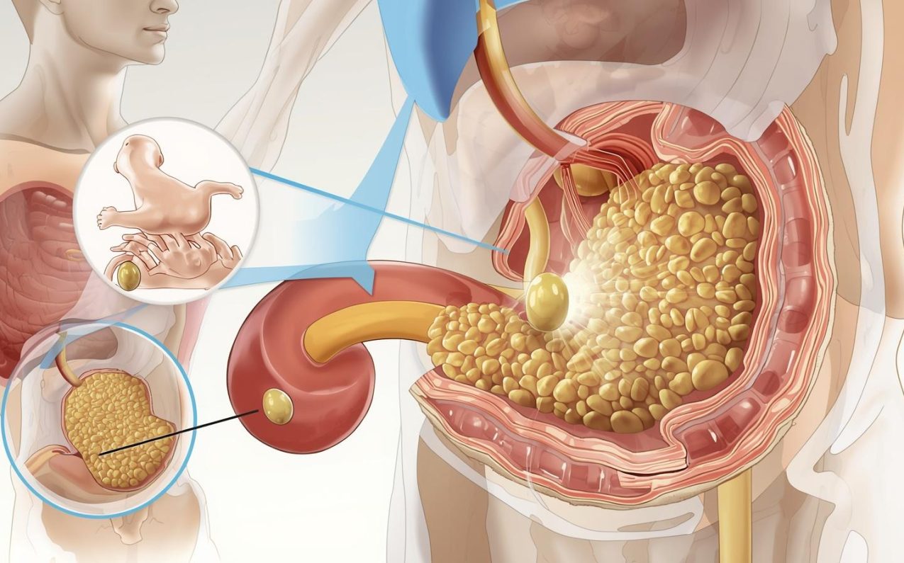 Illustration of gallbladder showing multiple gallstones inside, located beneath the liver in the human abdomen, medical diagram with white background