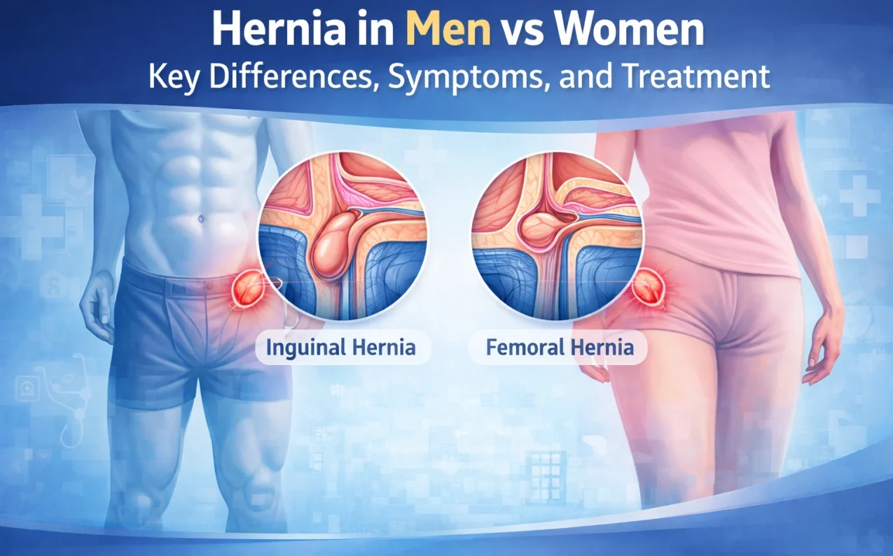 Hernia in men vs women comparison showing inguinal hernia in men and femoral hernia in women with symptoms and treatment overview.