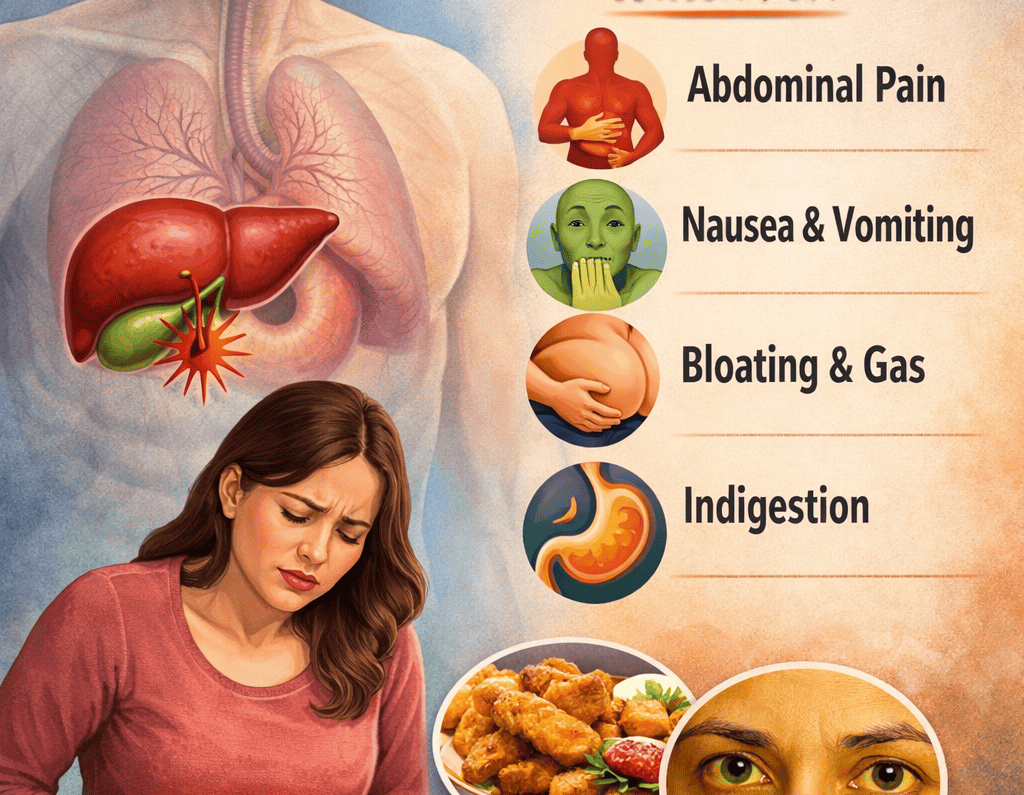 Early signs of gallbladder disease illustration showing pain in the upper right abdomen, nausea, bloating, and digestive discomfort.