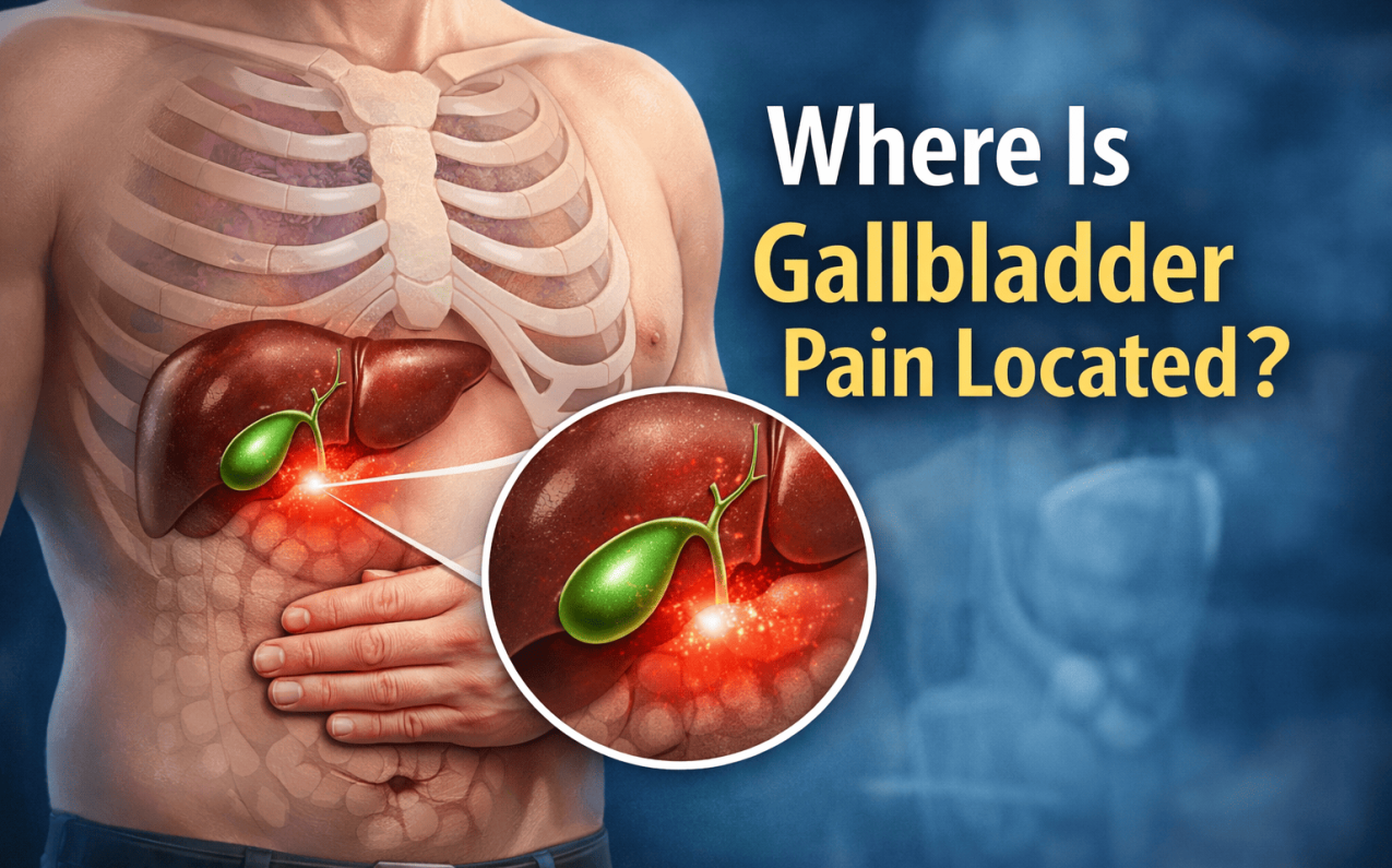 Illustration showing where gallbladder pain is located in the human body, highlighting the right upper abdomen below the rib cage.
