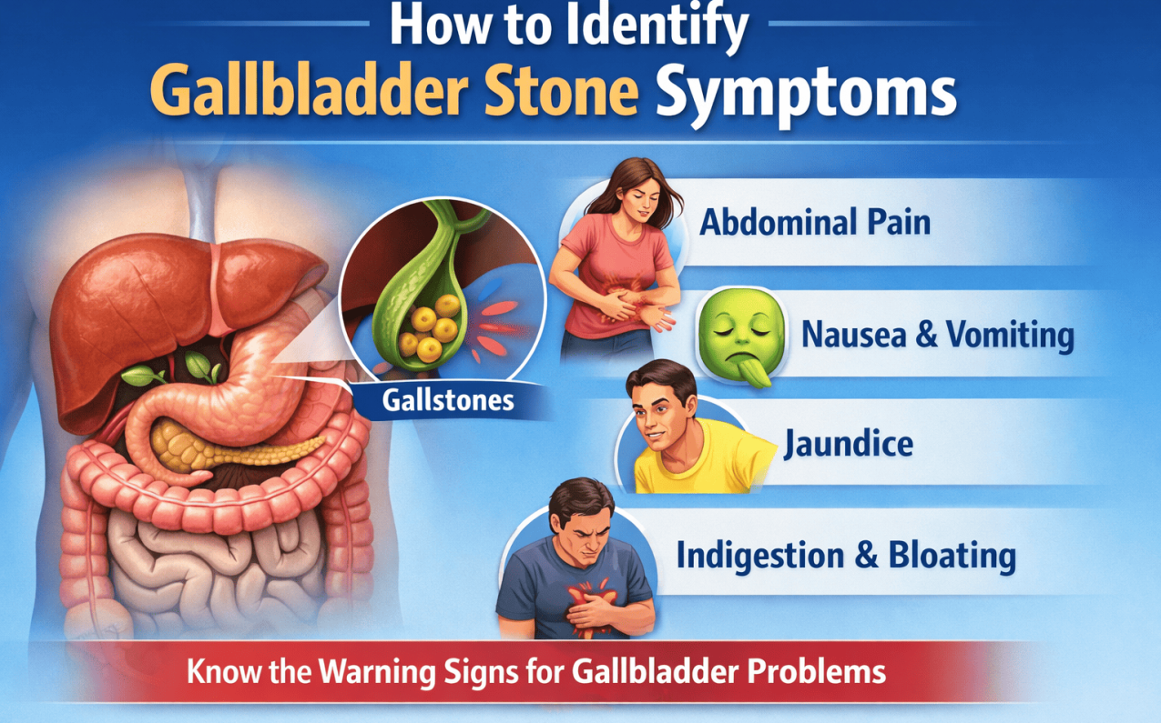 medical illustration showing gallbladder stones and common symptoms like abdominal pain nausea jaundice and indigestion