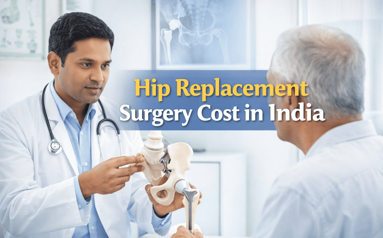 Doctor explaining a hip joint model to an elderly patient during consultation about Hip Replacement Surgery Cost in India, showing artificial hip implant and orthopedic treatment options in a hospital clinic.