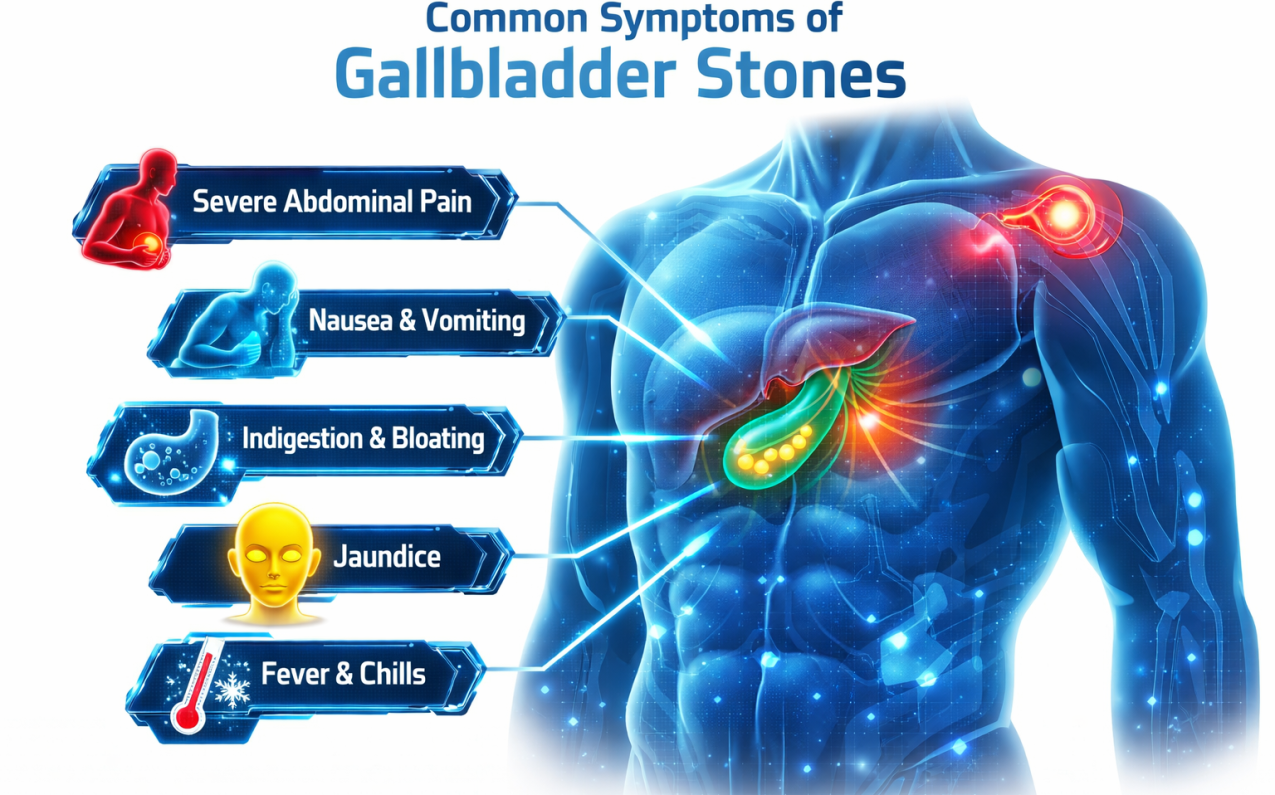 Illustration showing common symptoms of gallbladder stones including abdominal pain, nausea, indigestion, jaundice, and fever in a human body diagram