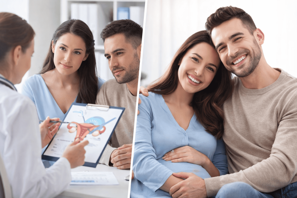 Couple consulting a female doctor about IVF treatment and later smiling happily after successful fertility guidance