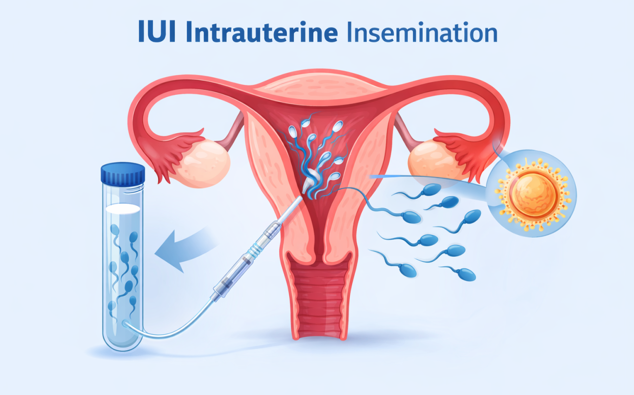 Medical illustration showing the IUI intrauterine insemination procedure with sperm inserted into the uterus using a catheter during fertility treatment