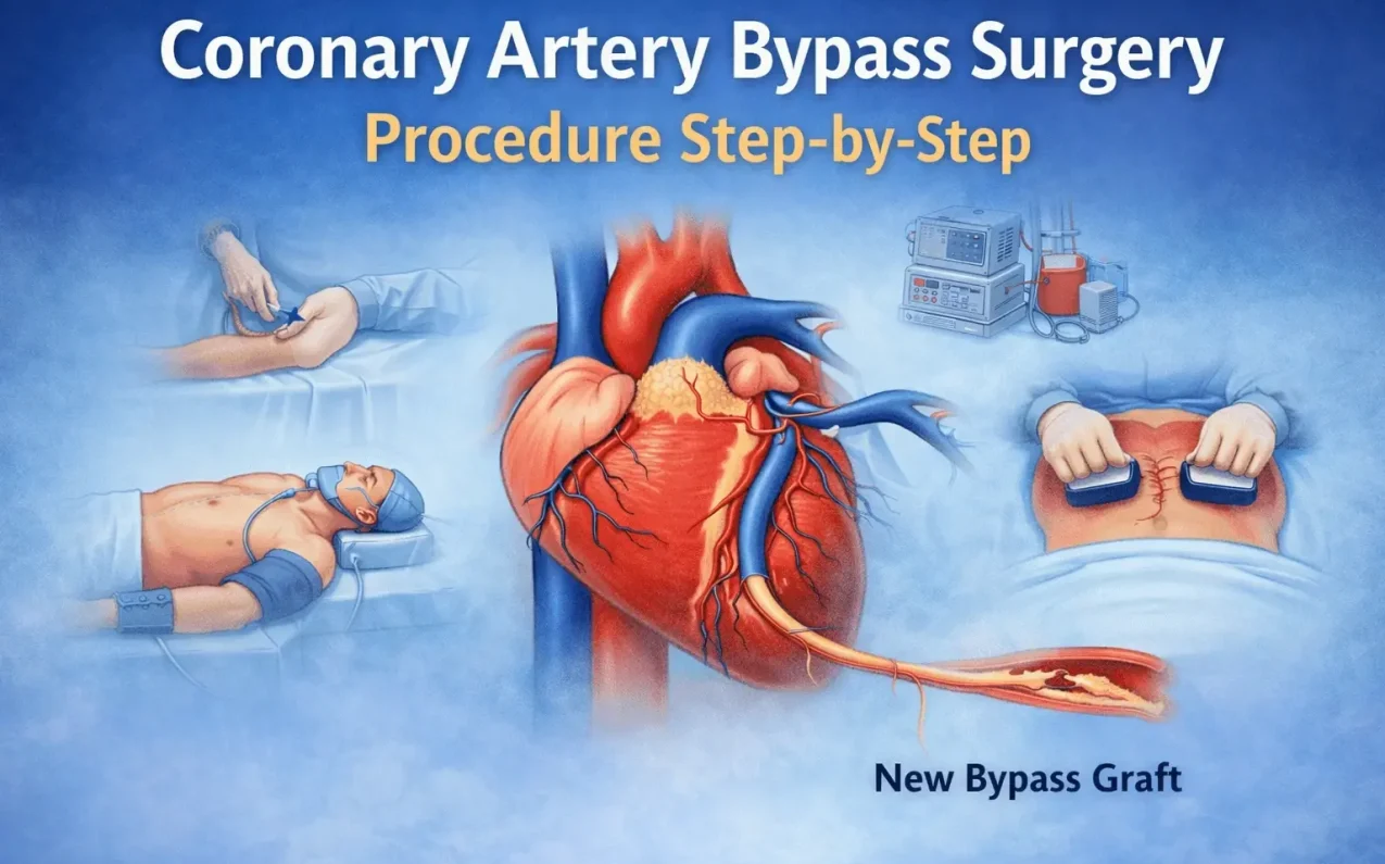 Coronary artery bypass surgery procedure step by step showing heart bypass graft, surgical process, and improved blood flow to the heart.