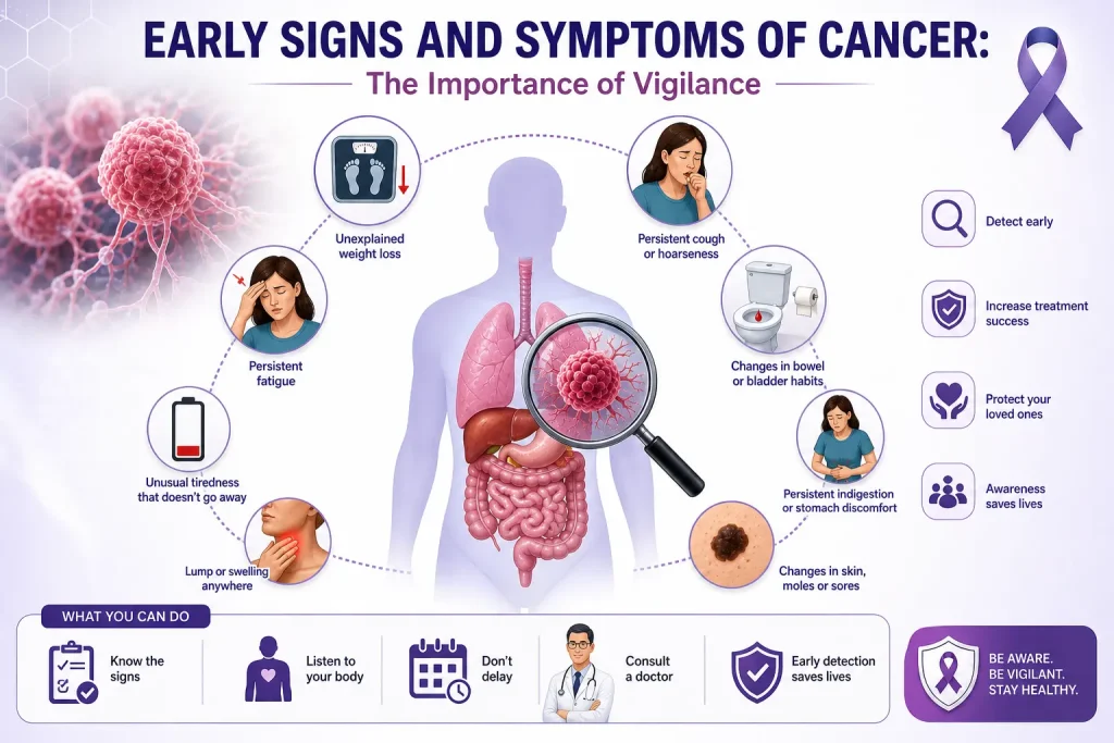 Infographic showing early signs and symptoms of cancer including unexplained weight loss, persistent cough, fatigue, lumps, skin changes, and digestive issues with a human body illustration.