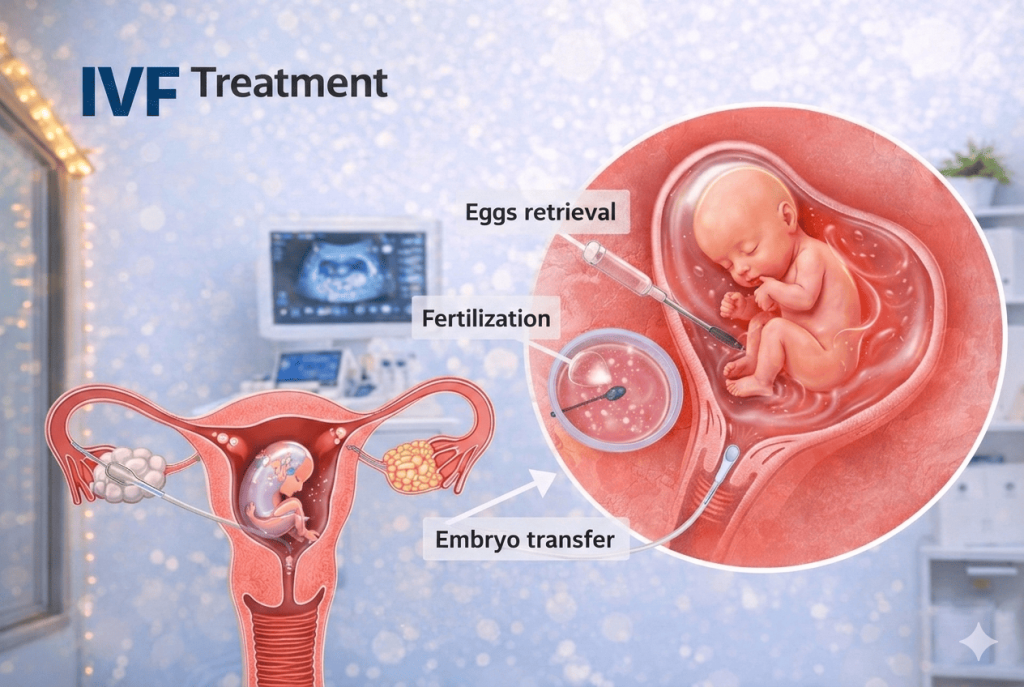 IVF treatment process showing embryo transfer and pregnancy care