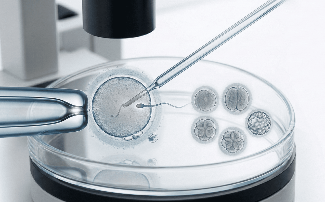 Realistic medical illustration of the IVF fertilization process in a lab dish with icons representing who needs fertility treatment, isolated on a white background.