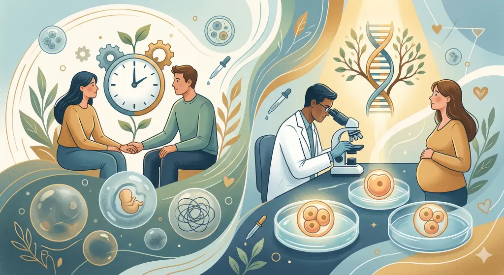 Illustration of a couple discussing fertility treatment, IVF laboratory process with embryos in petri dishes, and a pregnant woman symbolizing successful parenthood after IVF.