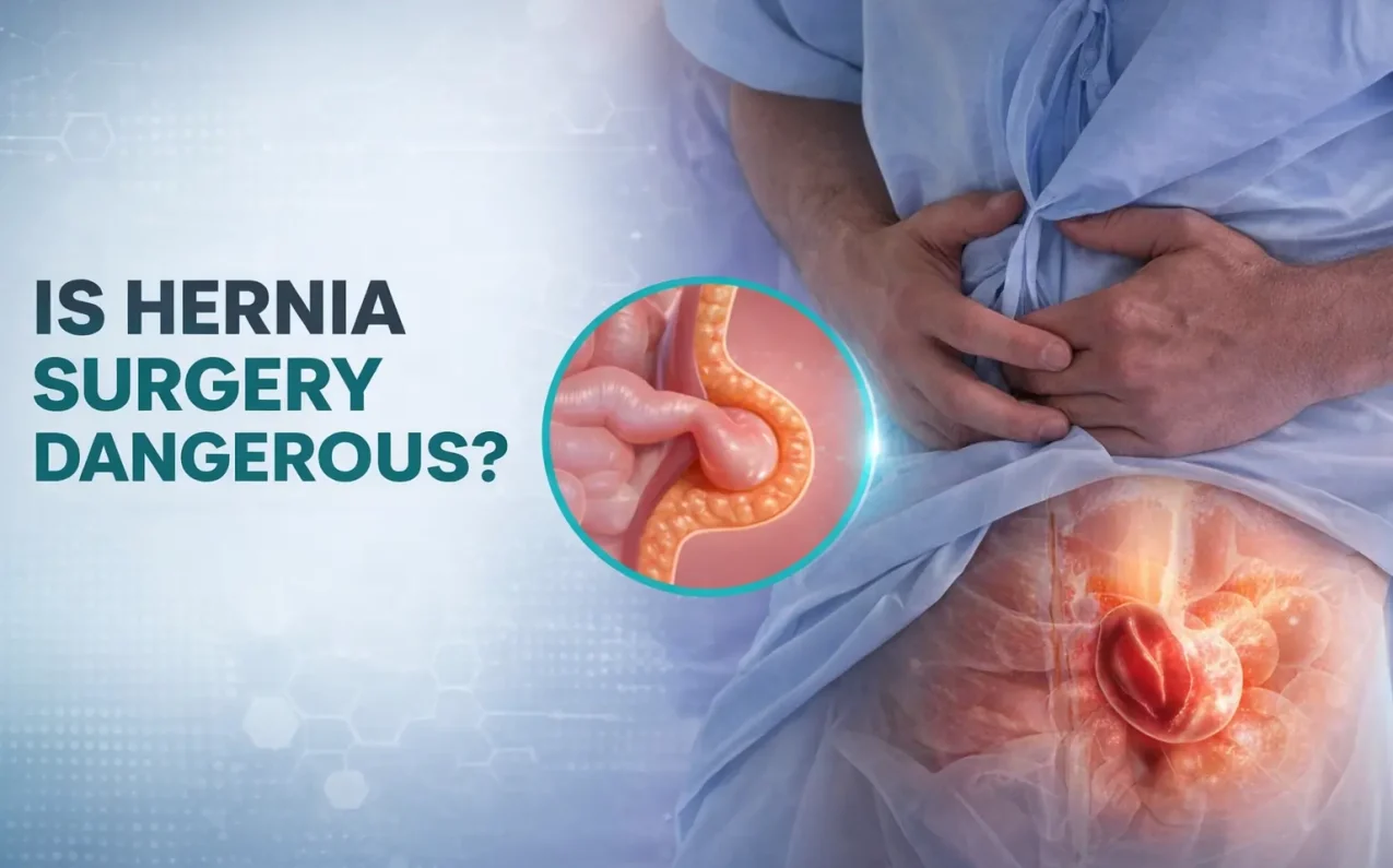 Is hernia dangerous? Visual showing strangulated hernia risks like infection, sepsis, organ failure and importance of timely surgery