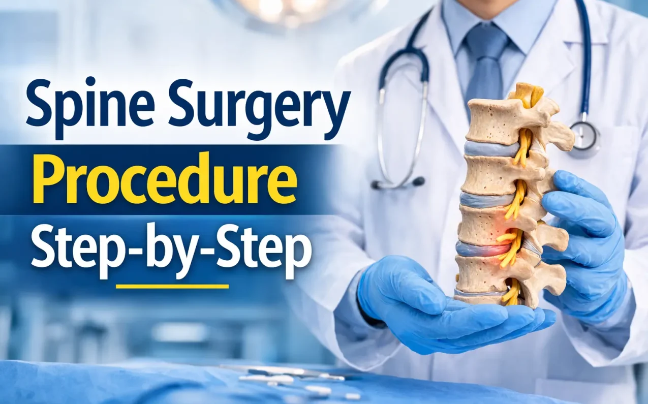 Spine surgery procedure step-by-step illustration showing a doctor holding a spine model