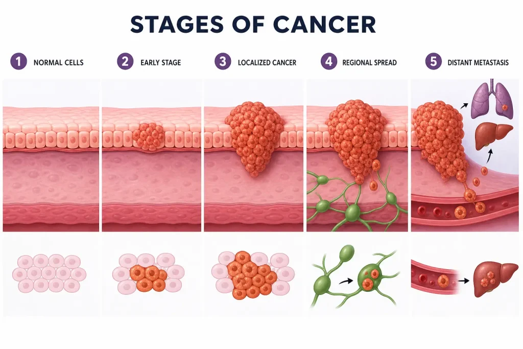 Stages of cancer progression showing normal cells, early tumor formation, localized cancer growth, regional spread to lymph nodes, and distant metastasis to organs.
