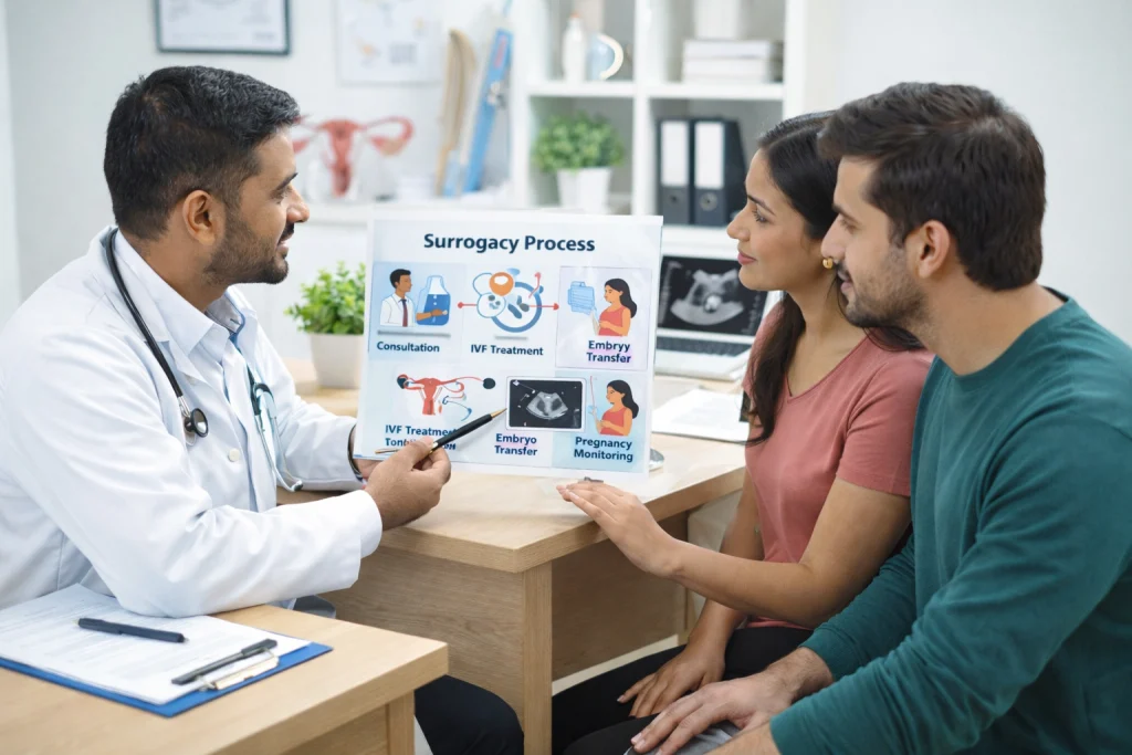 Surrogacy process consultation with doctor and intended parents