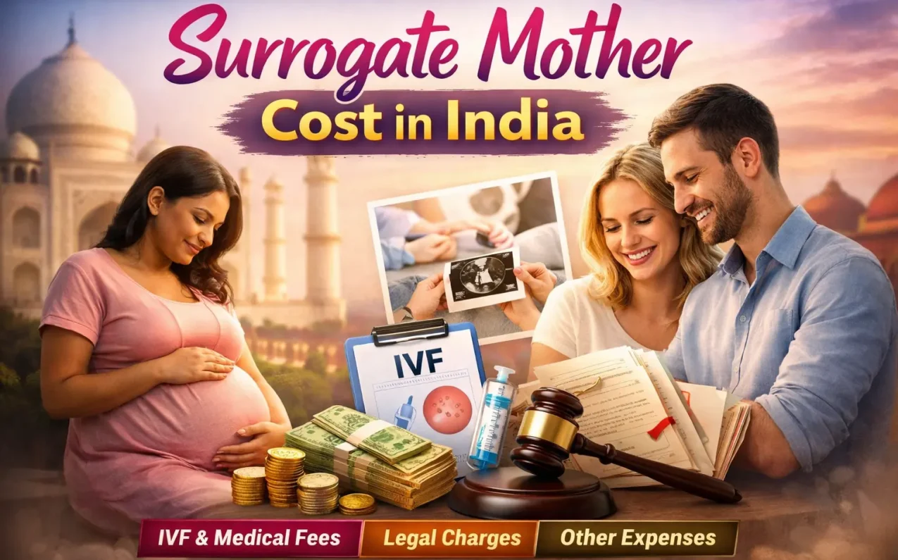 Surrogacy cost concept with IVF, couple, and expenses