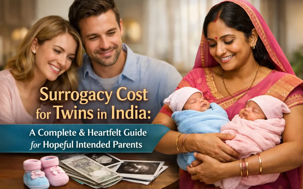 Intended parents with an Indian surrogate mother holding newborn twins, symbolizing the twin surrogacy journey and related costs in India.