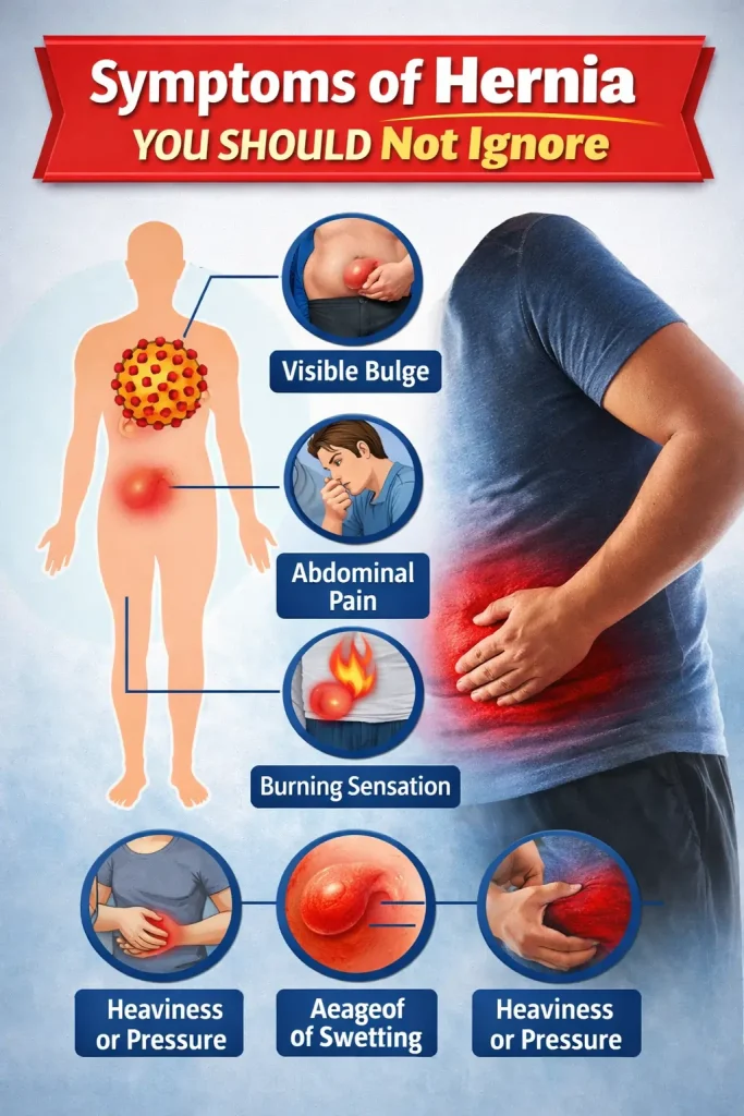 Symptoms of hernia showing visible bulge, abdominal pain, burning sensation, and pressure
