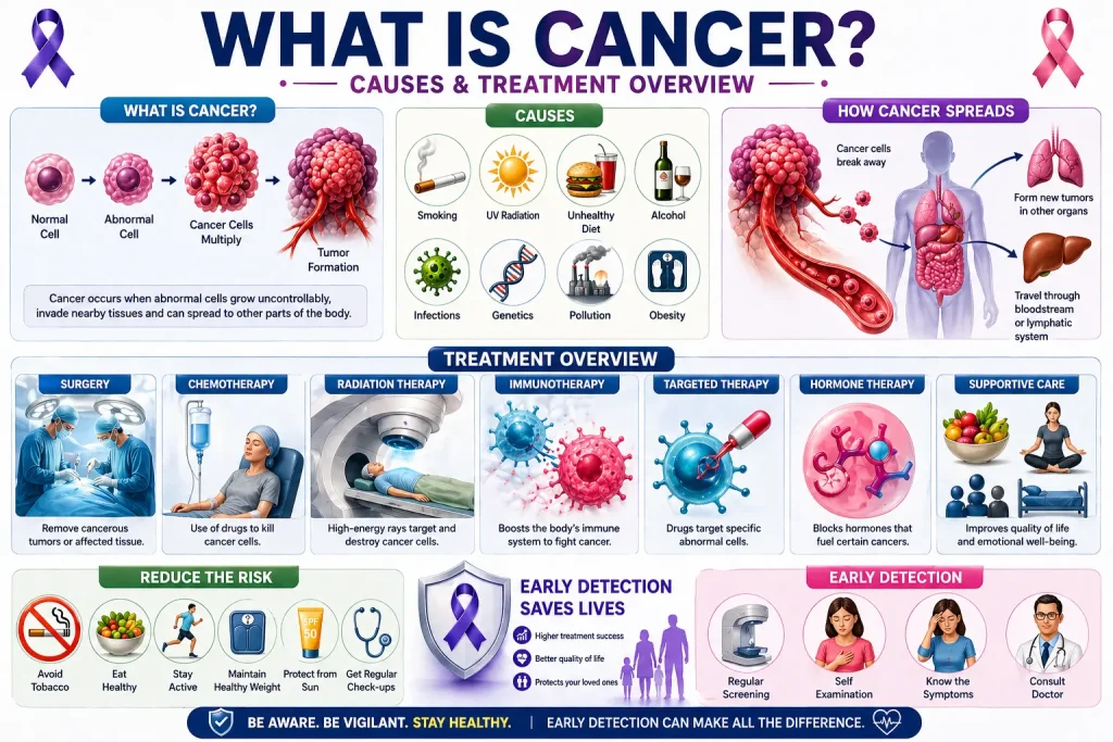 Infographic explaining what cancer is, showing abnormal cell growth, causes like smoking and genetics, cancer spread, and treatment options including surgery, chemotherapy, and radiation therapy.