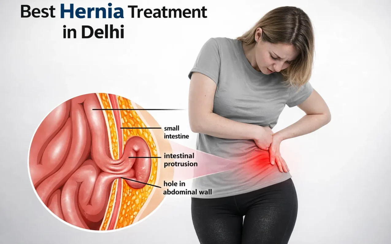 Hernia symptoms showing intestinal protrusion through abdominal wall – best hernia treatment in Delhi