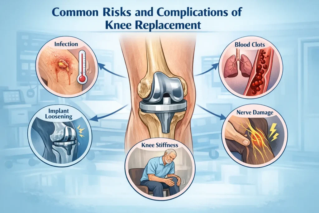 Illustration showing risks of knee replacement such as infection, blood clots, implant loosening, nerve damage, and knee stiffness.