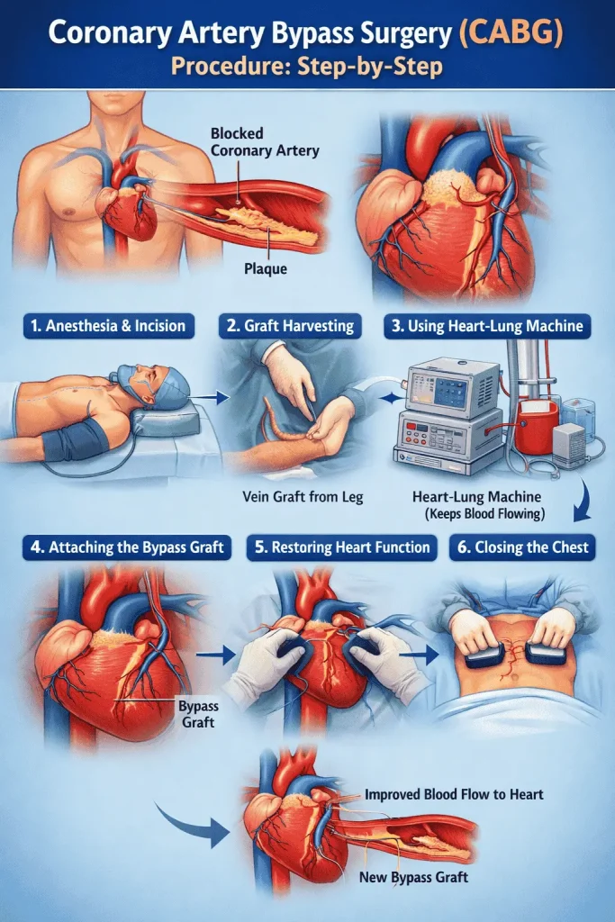Step-by-step diagram of coronary artery bypass surgery showing blocked artery, graft placement, and restored blood flow to the heart.
