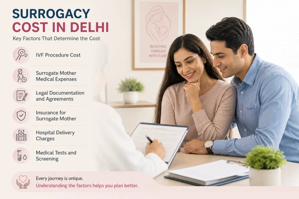 Indian couple consulting doctor about surrogacy cost in Delhi with IVF treatment, legal process, medical screening, and pregnancy expenses in India