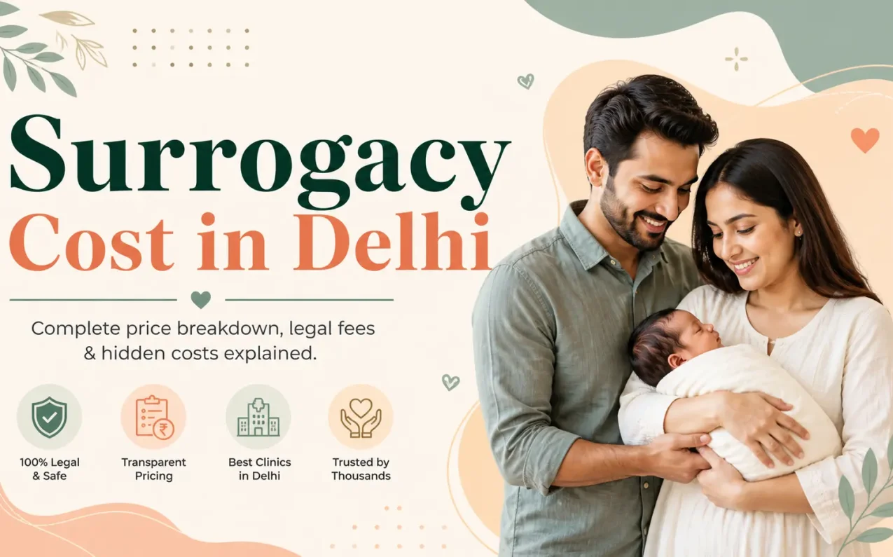 Indian couple with newborn baby representing surrogacy cost in Delhi including IVF treatment, legal fees, hospital charges and complete cost breakdown in India