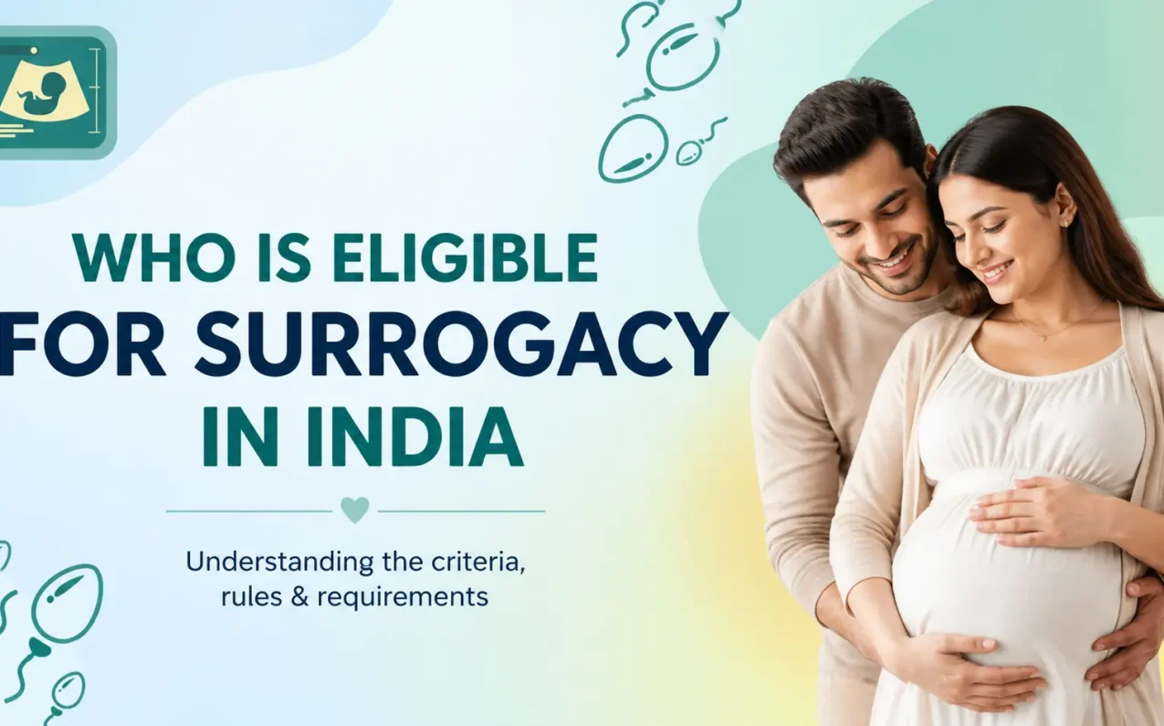 Couple expecting baby with surrogate mother concept showing surrogacy eligibility in India, intended parents criteria, and surrogate mother age rules under surrogacy laws India 2026