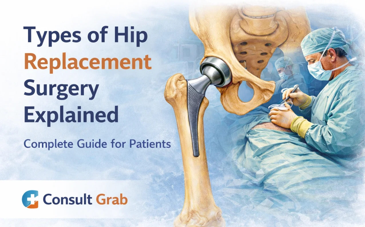 Medical illustration showing the type of hip replacement surgery.