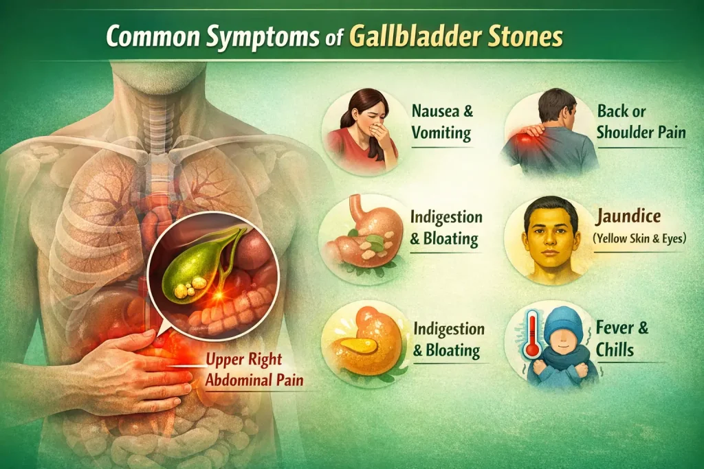 Infographic showing common symptoms of gallbladder stones including abdominal pain, nausea, vomiting, indigestion, jaundice and fever
