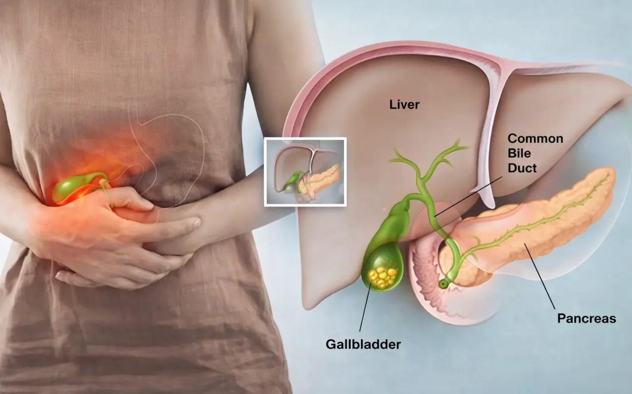 Medical illustration showing gallbladder stones symptoms with human abdomen pain and labeled anatomy of liver, gallbladder, bile duct and pancreas