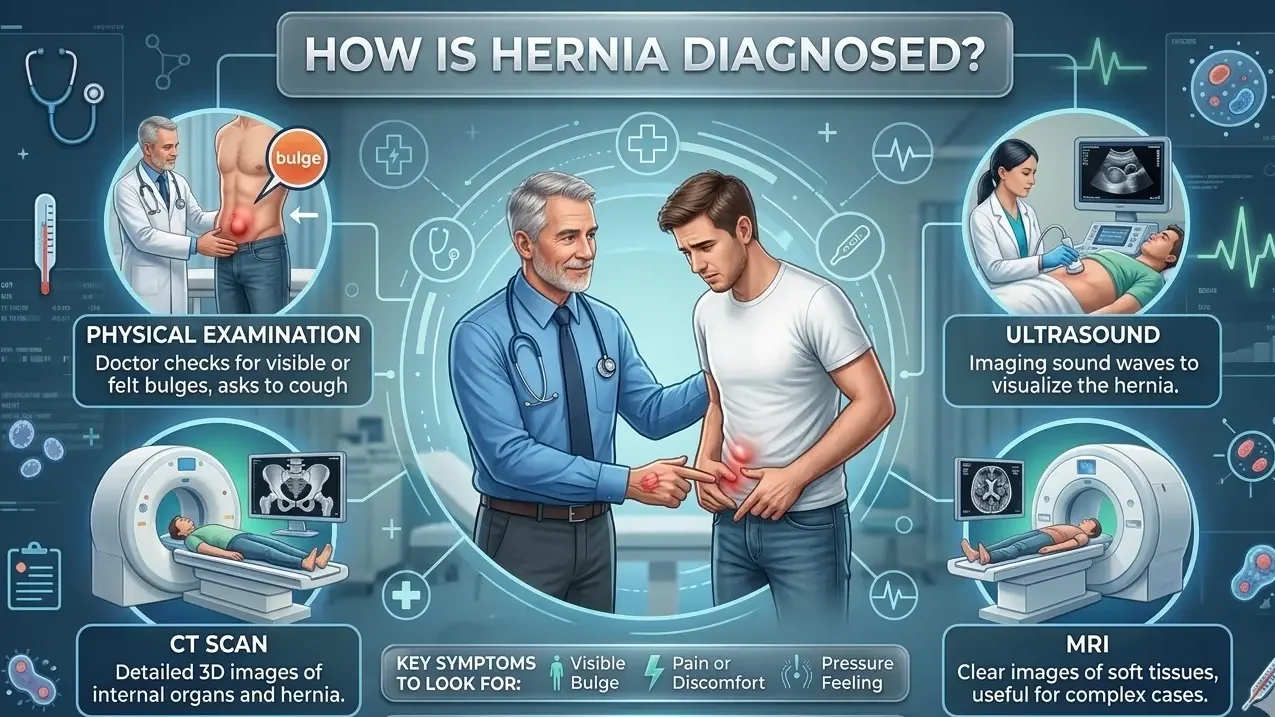 An infographic illustrating hernia diagnosis methods, including physical exams and medical imaging.