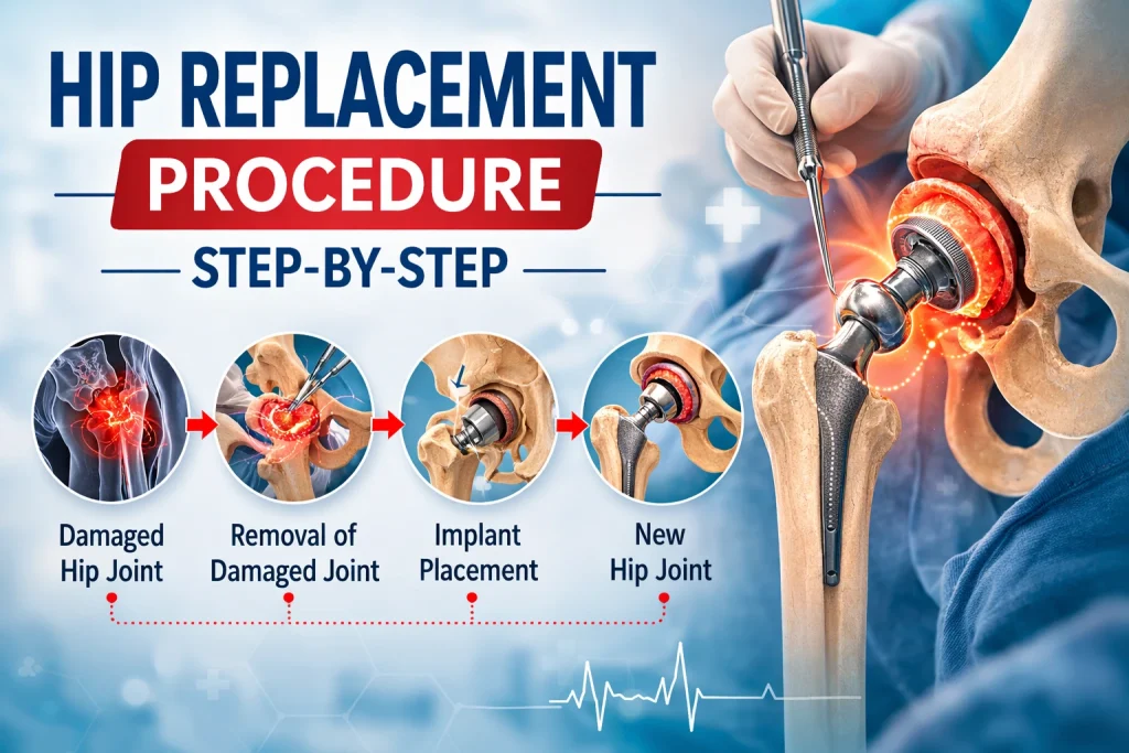 The procedure involves a hip joint replacement surgery using an artificial hip implant.