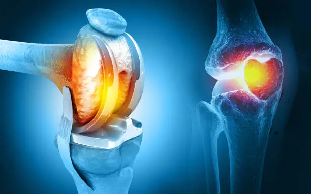 Illustration comparing a healthy knee joint replaced with an artificial knee implant and a painful arthritic knee joint with inflammation