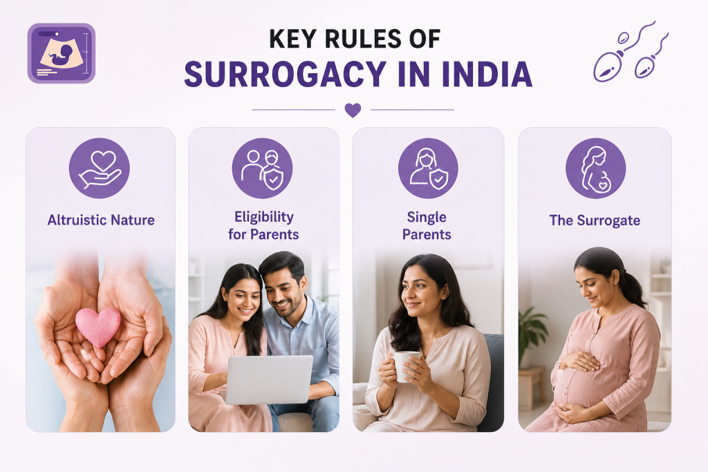 Infographic showing key rules of surrogacy in India 2026 including altruistic surrogacy, eligibility for parents, single parents rules, and surrogate mother requirements under legal surrogacy process