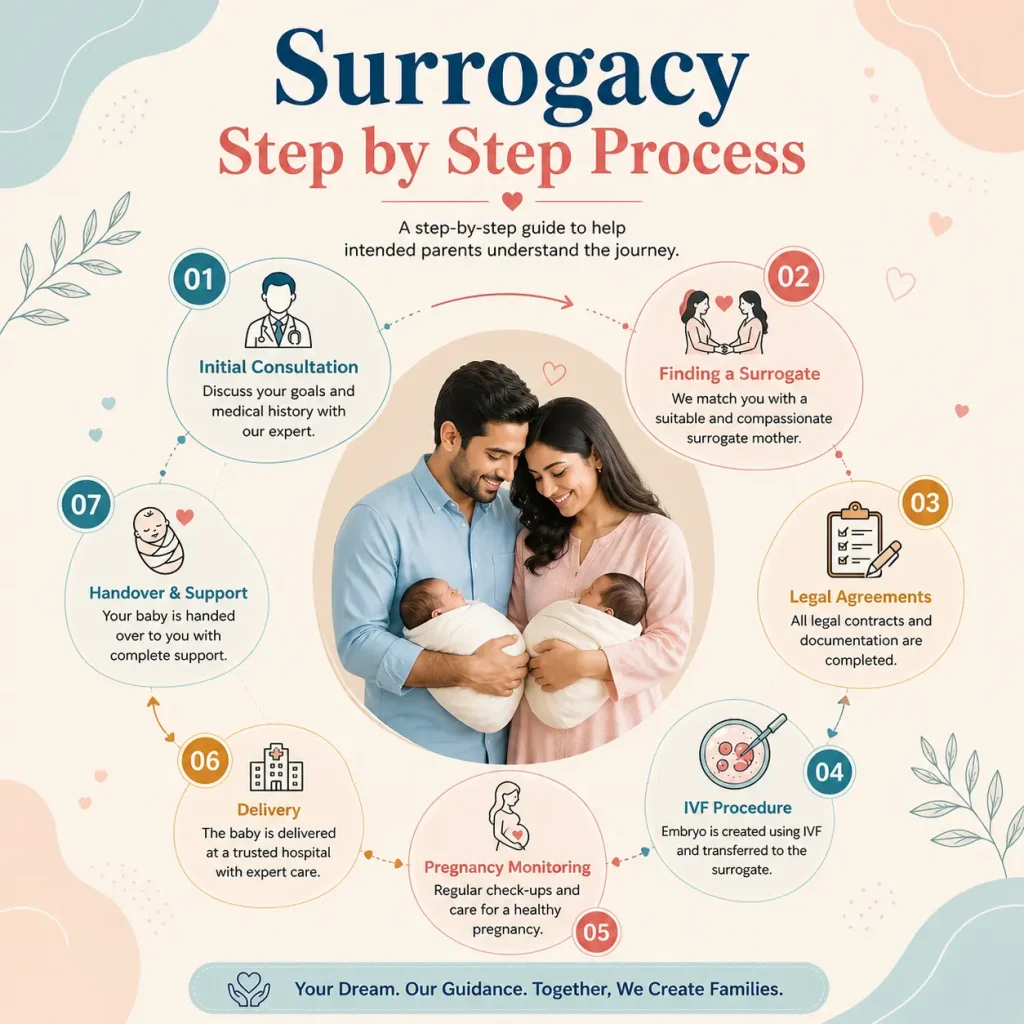 surrogacy eligibility in India step by step process infographic showing IVF procedure legal agreements surrogate mother requirements and surrogacy cost breakdown in India