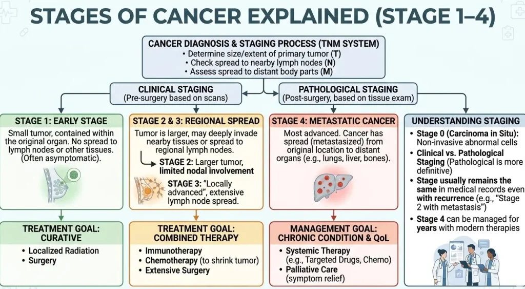 Stages of Cancer Explained from Stage 1 to Stage 4 with anatomical illustrations.