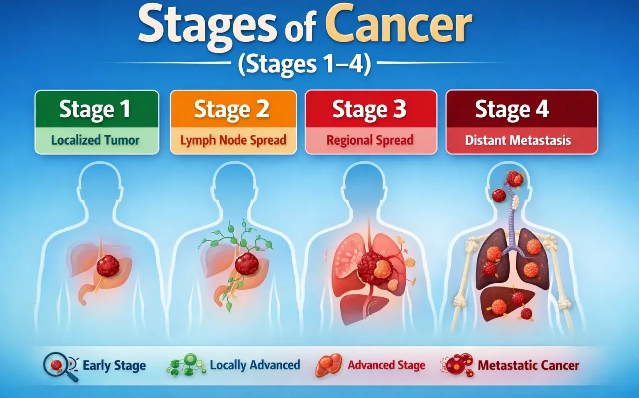 Stages of Cancer (Stages 1–4) showing tumor progression from localized cancer to metastatic cancer.