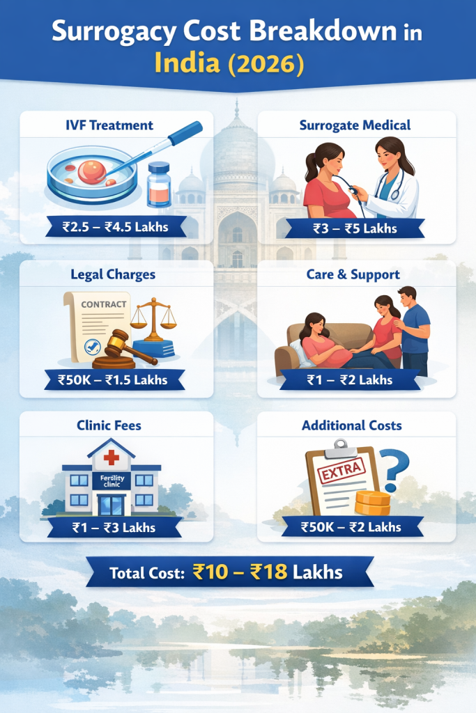 Infographic of surrogacy cost breakdown in India showing IVF, medical, legal, and total ₹10–₹18 lakhs