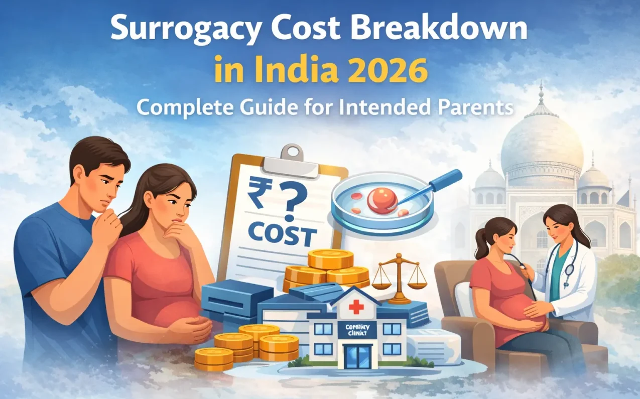 Surrogacy process and cost illustration with couple, doctor, and surrogate