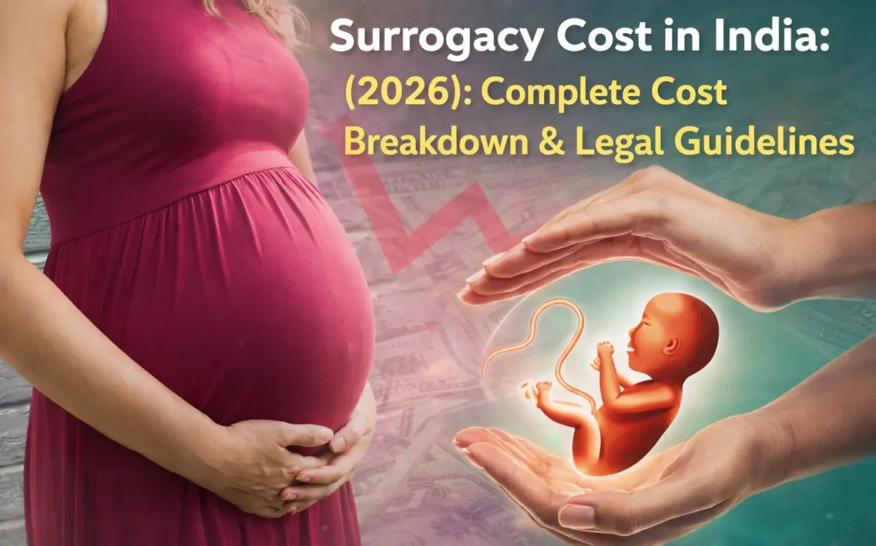Surrogacy cost in India 2026 with surrogate mother pregnancy concept and financial cost breakdown illustration