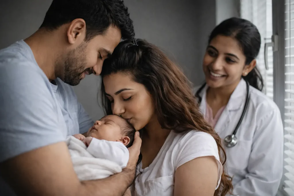 Indian couple meeting fertility doctor after successful surrogacy process in India