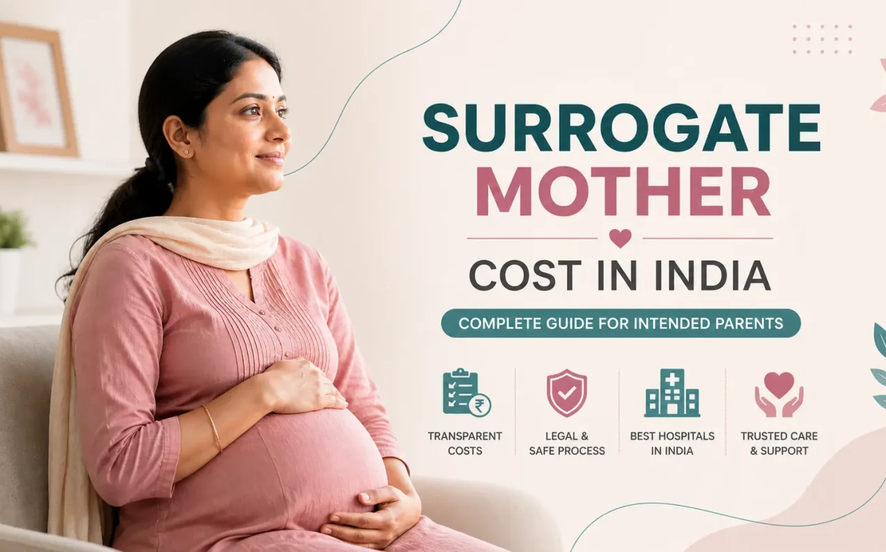 Surrogate mother cost in India 2026 with pregnant woman showing IVF cost, legal process, hospital charges and surrogacy cost breakdown