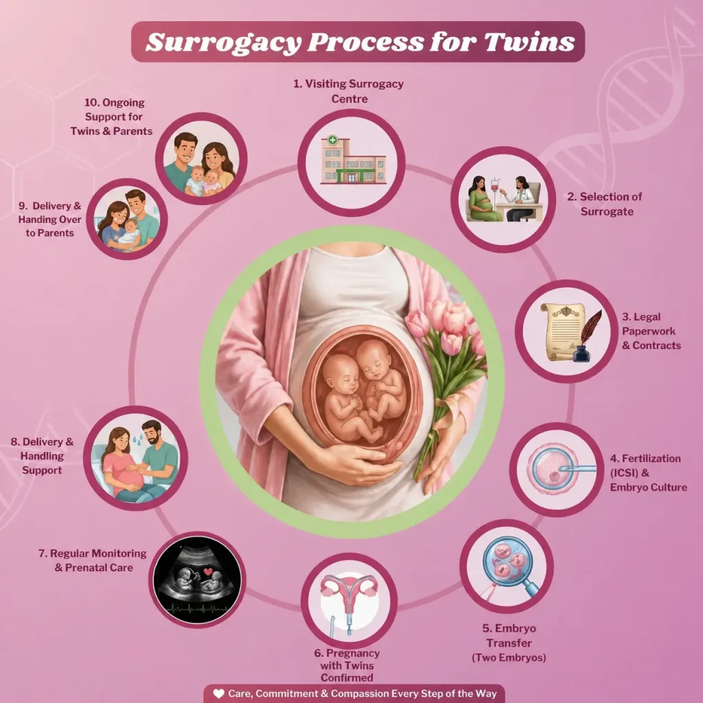surrogacy process for twins in India, IVF twin pregnancy steps, embryo transfer twins, twin surrogacy treatment India