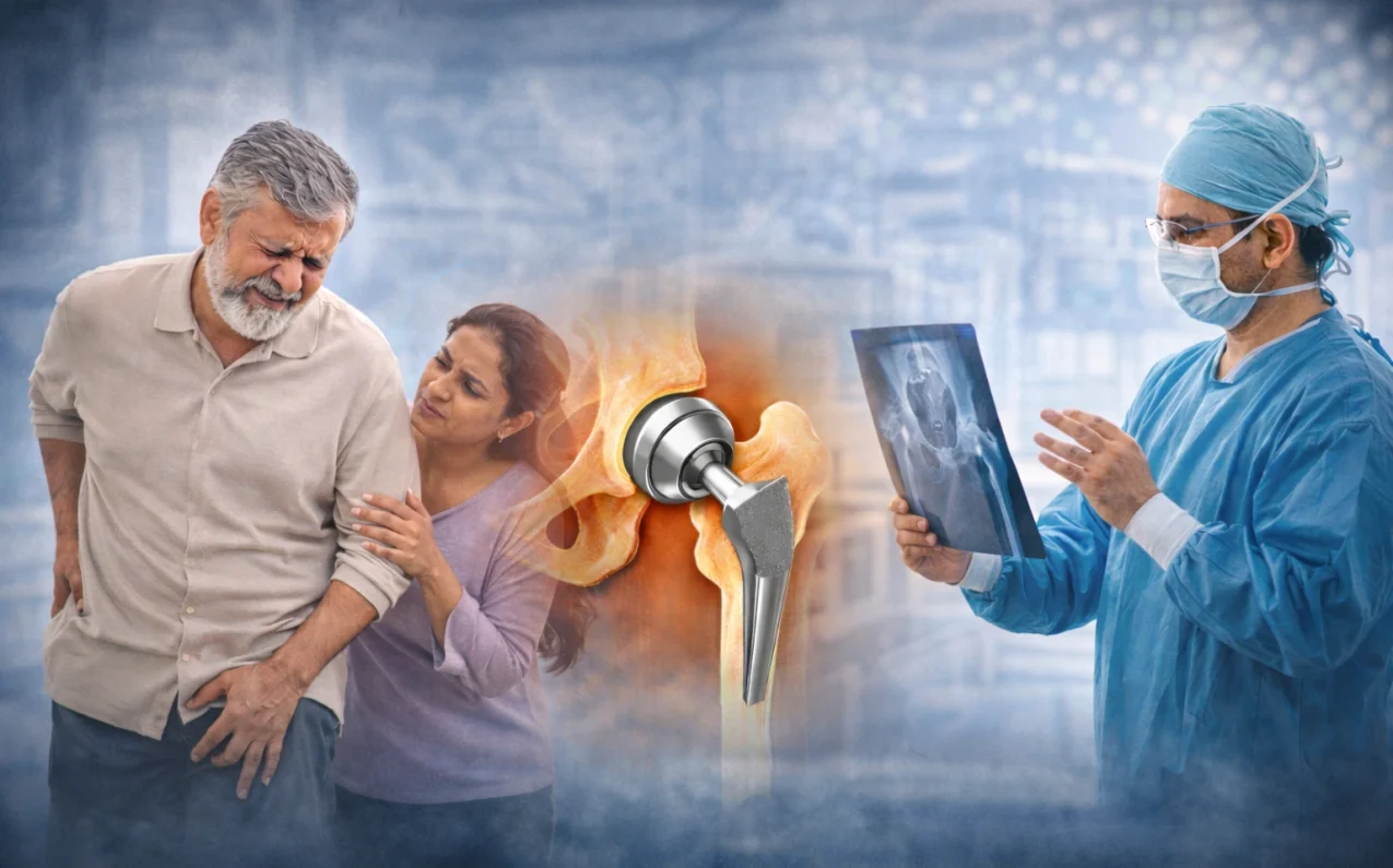 A patient discussing hip joint pain with an orthopaedic doctor explaining when hip replacement surgery is needed.